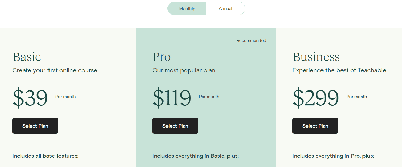 Teachable Monthly Pricing