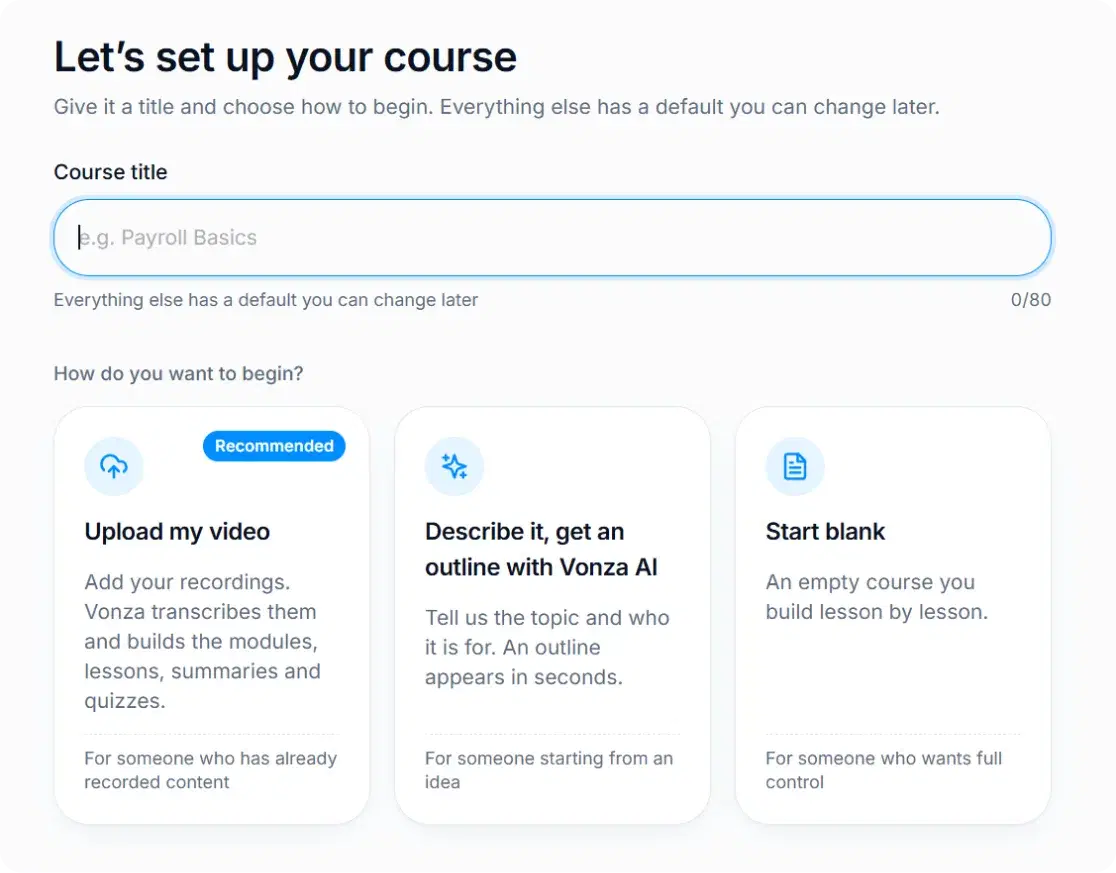 Vonza course setup: title field and three ways to begin