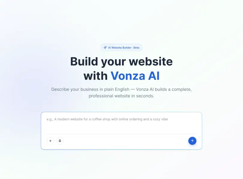 Vonza AI website builder prompt box: describe your business and Vonza AI builds the site