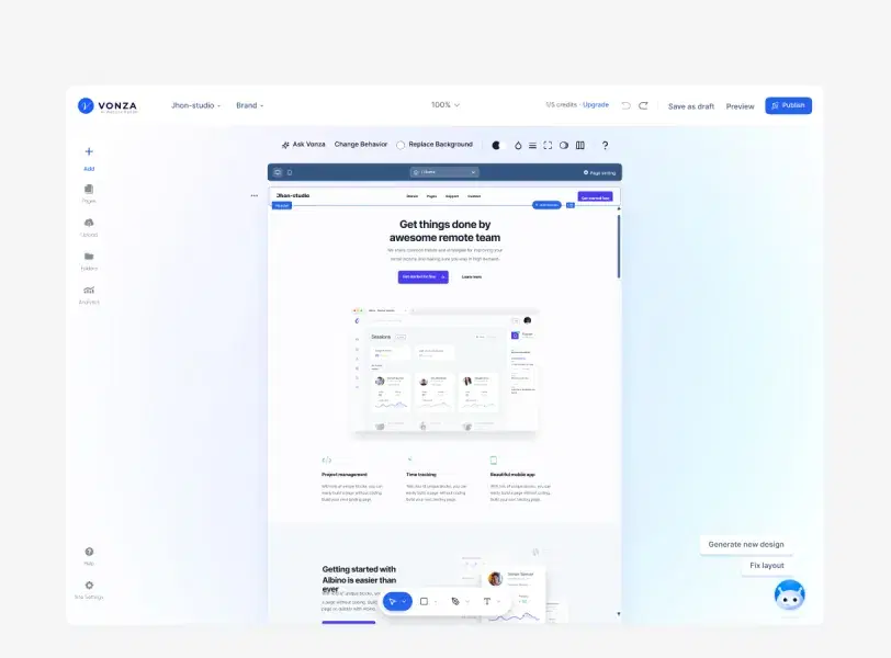 The Vonza website editor canvas with a page open for editing