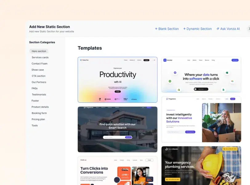 Template picker in the Vonza builder with section categories and website templates