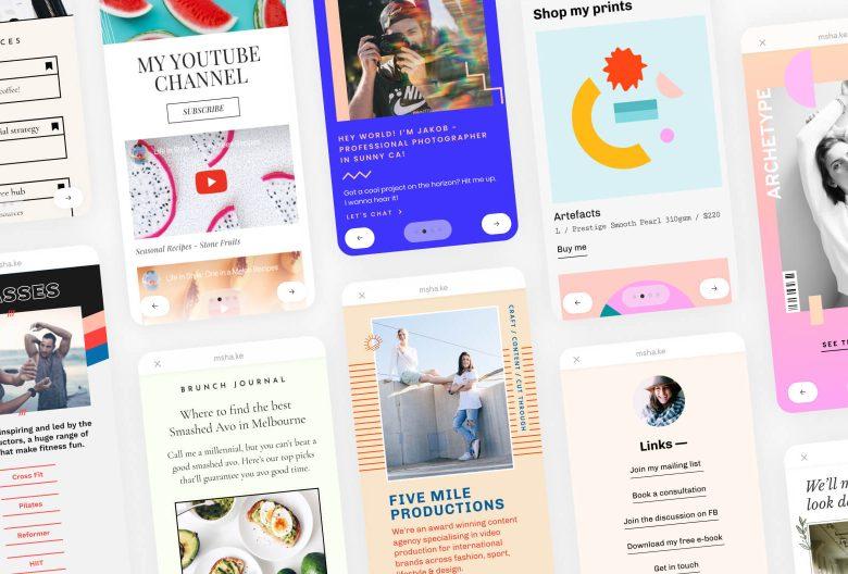 A collage of phone-sized link in bio pages: a YouTube channel, a photographer, a food blog, a print shop and a fitness coach