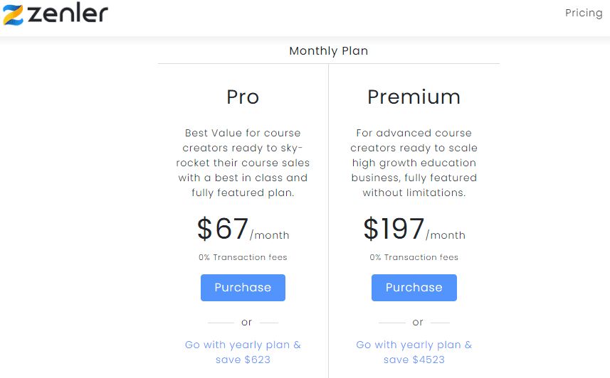 Zenler Online Course Platform Pricing