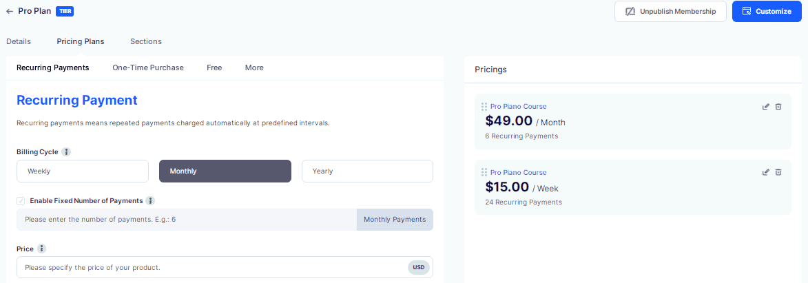 Edit Membership Tier Pricing