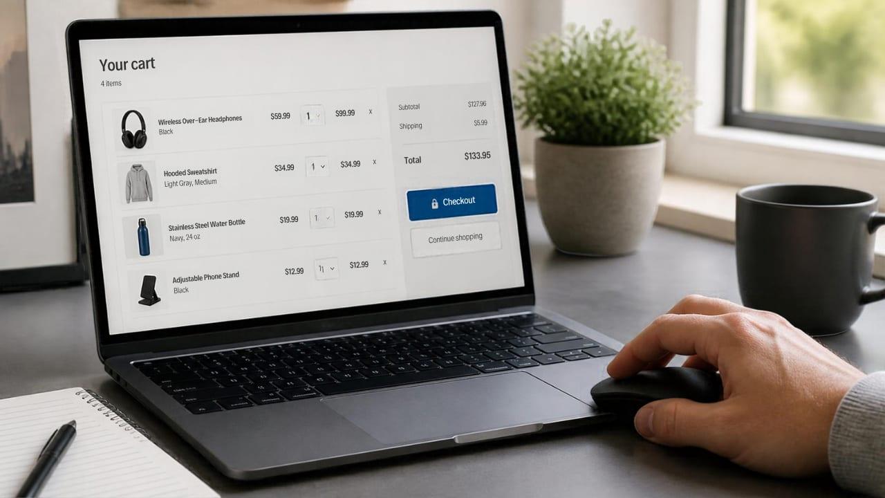 Online shopping cart with shopper hesitating