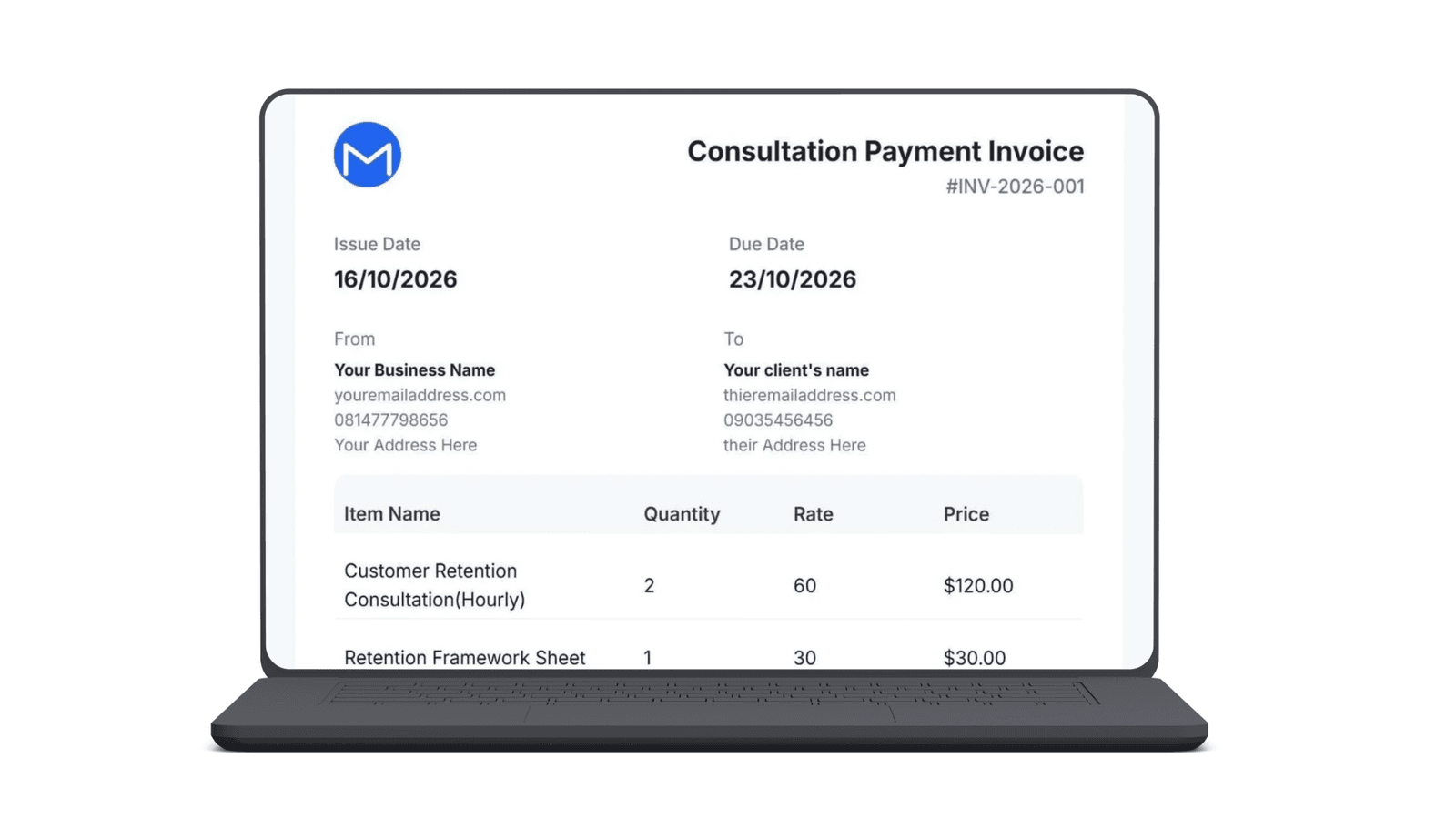 Detailed invoice layout shown on a tablet screen with clear itemized line items.