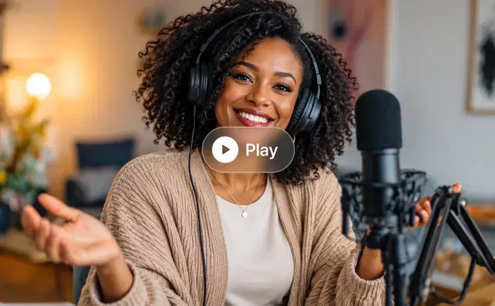 A creator recording a course lesson at a microphone, with a play button