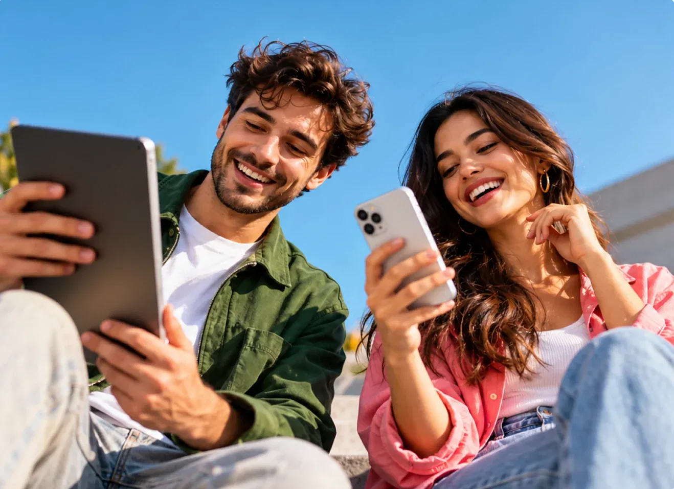 Two creators laughing at a course on a tablet and a phone