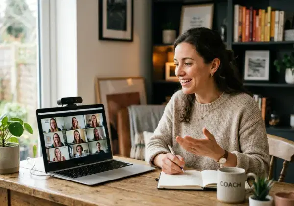 Coach talking to a group on a video call from her home office
