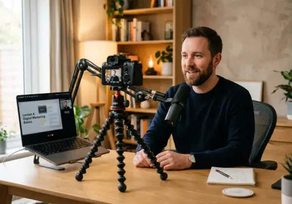 Course creator recording a lesson at his desk with a camera and microphone