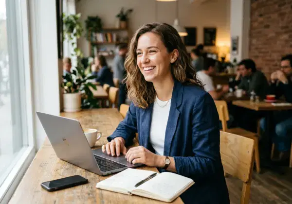 Entrepreneur smiling while working on her laptop in a café