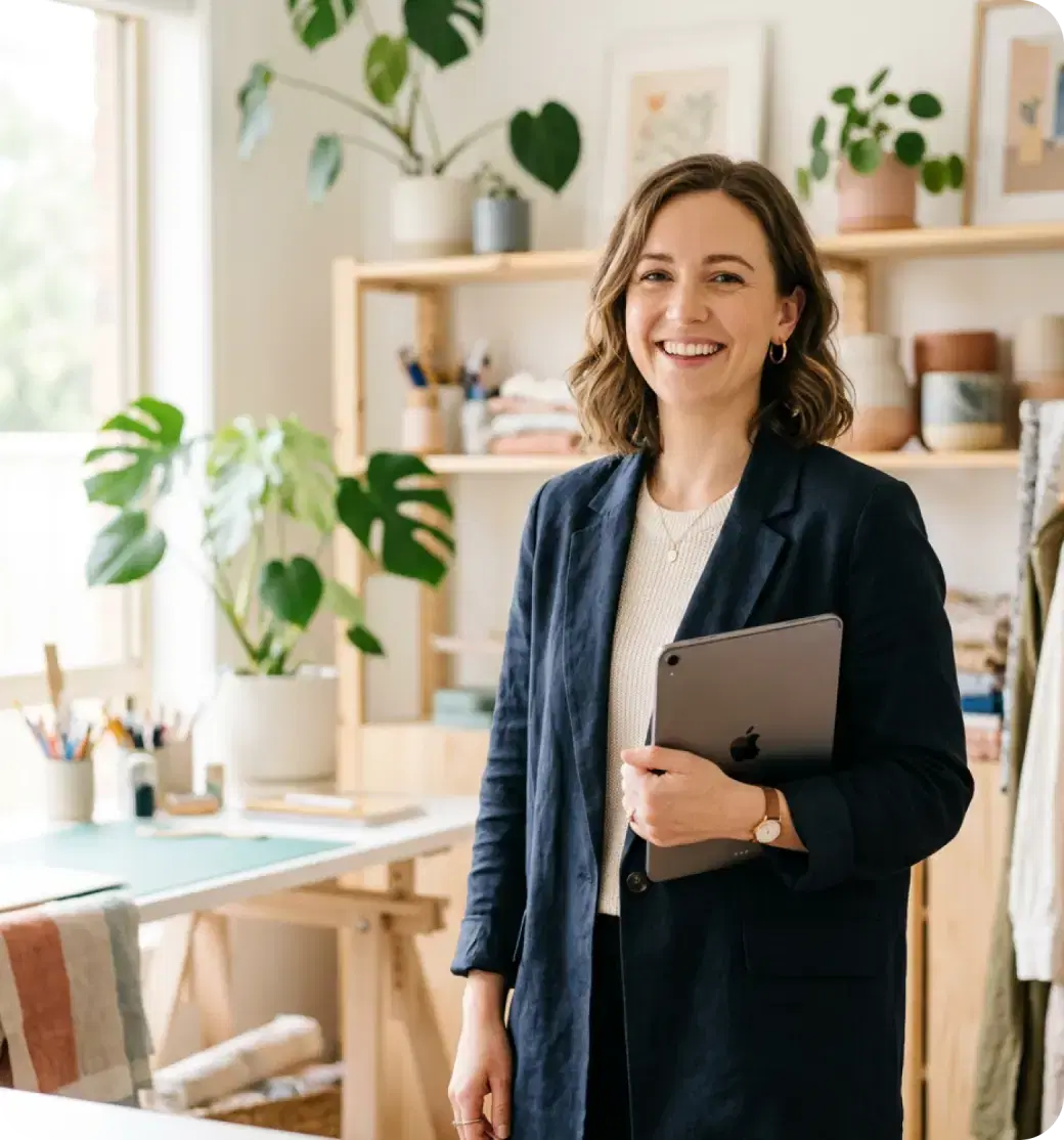 Smiling business owner holding a tablet in her studio