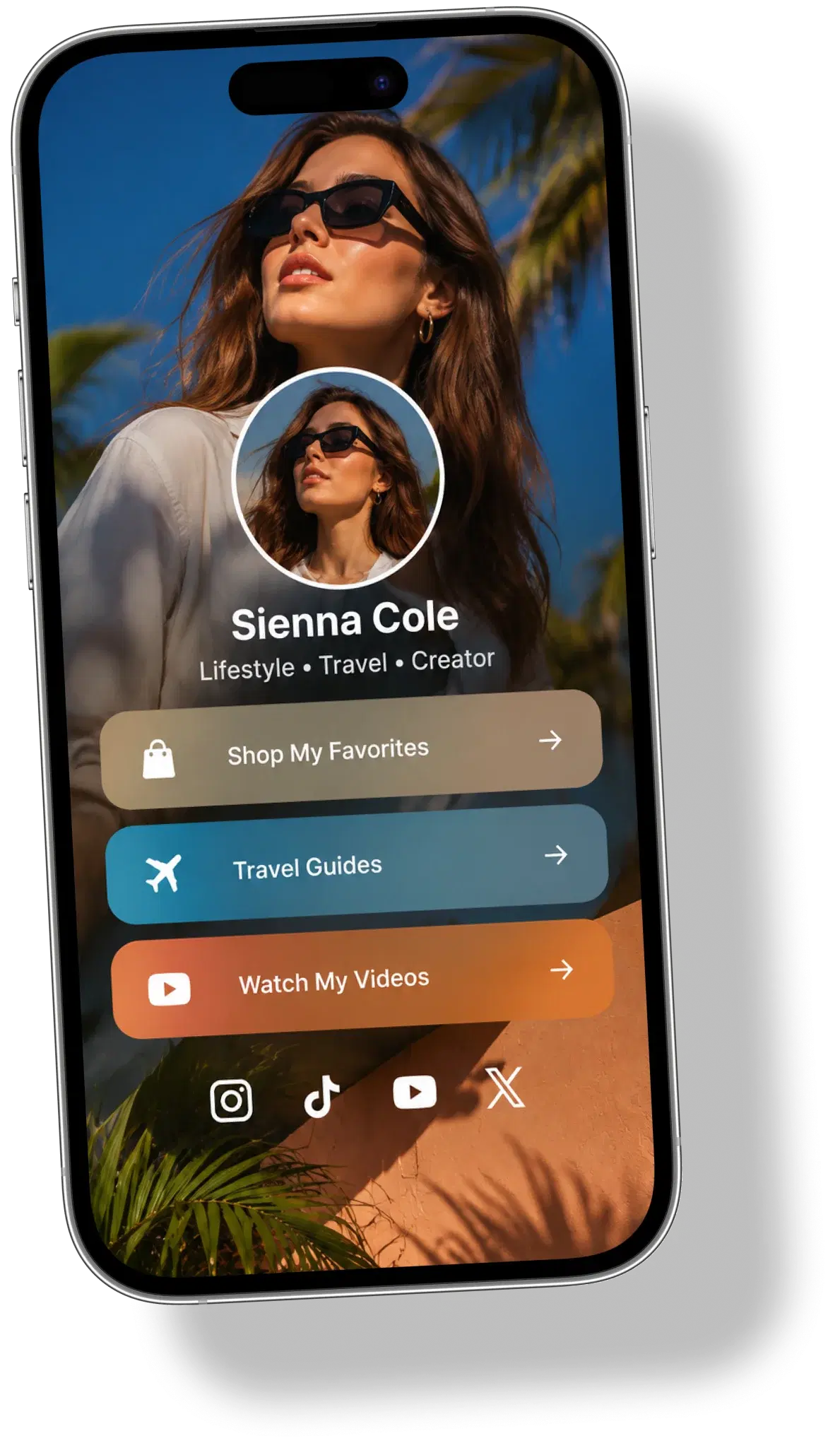 A travel creator’s link in bio page on a phone: shop, travel guides and videos