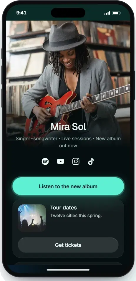 A musician’s link in bio page on a phone: listen to the new album and get tour tickets