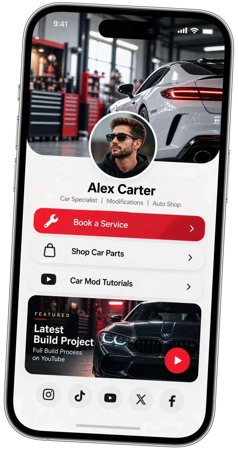 An auto specialist’s link in bio page on a phone: book a service, car parts and tutorials