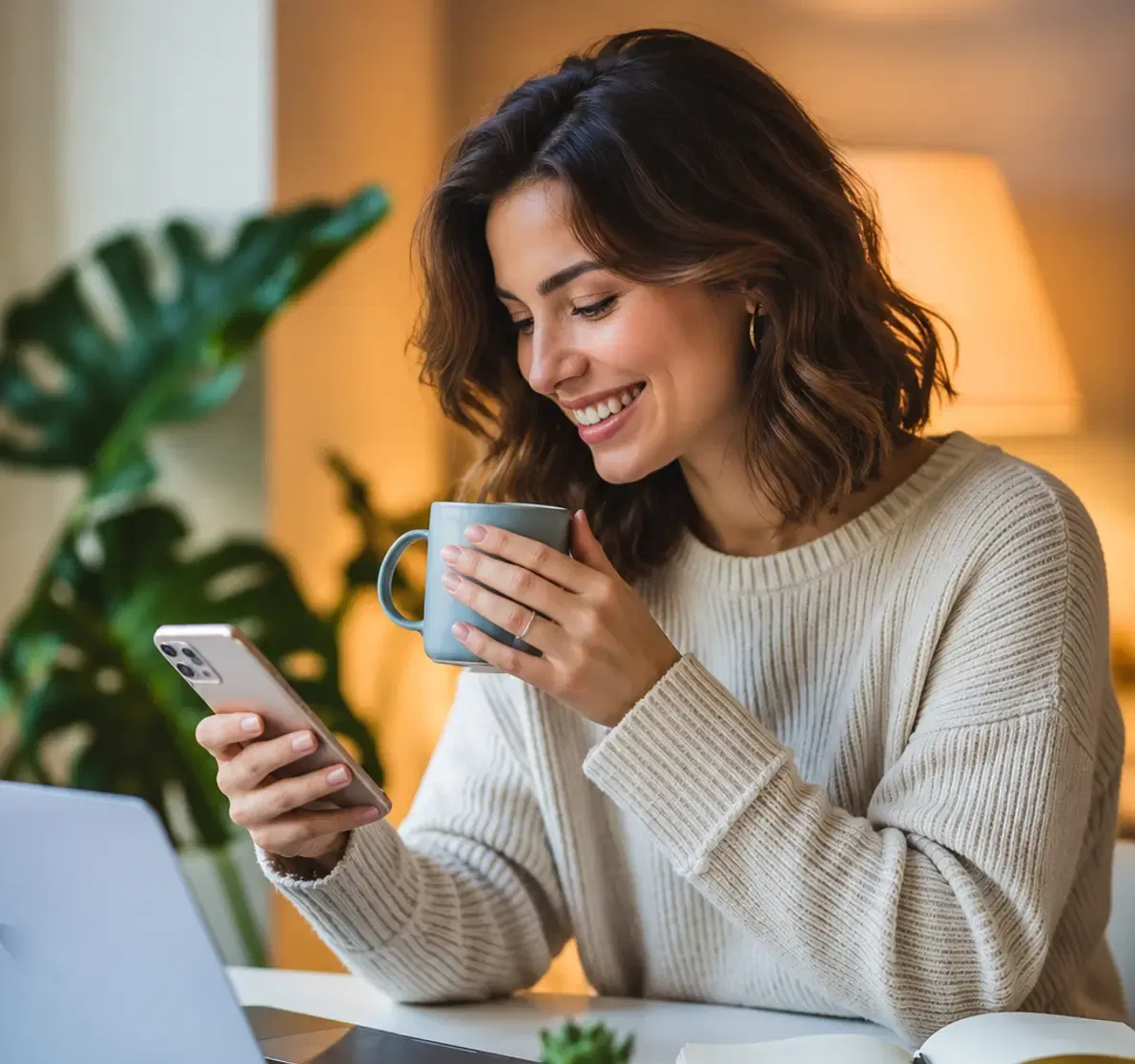 Woman smiling at a text message on her phone over a cup of coffee
