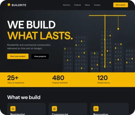 Construction company website template with project stats and services