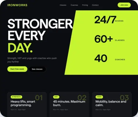 Dark fitness club website template with class schedule