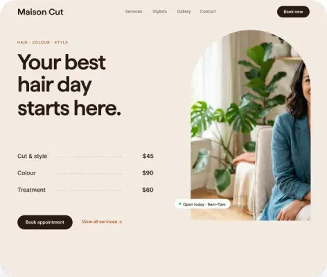 Hair salon website template with a price list and booking button