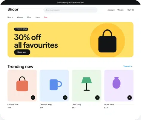Online store website template with a sale banner and trending products