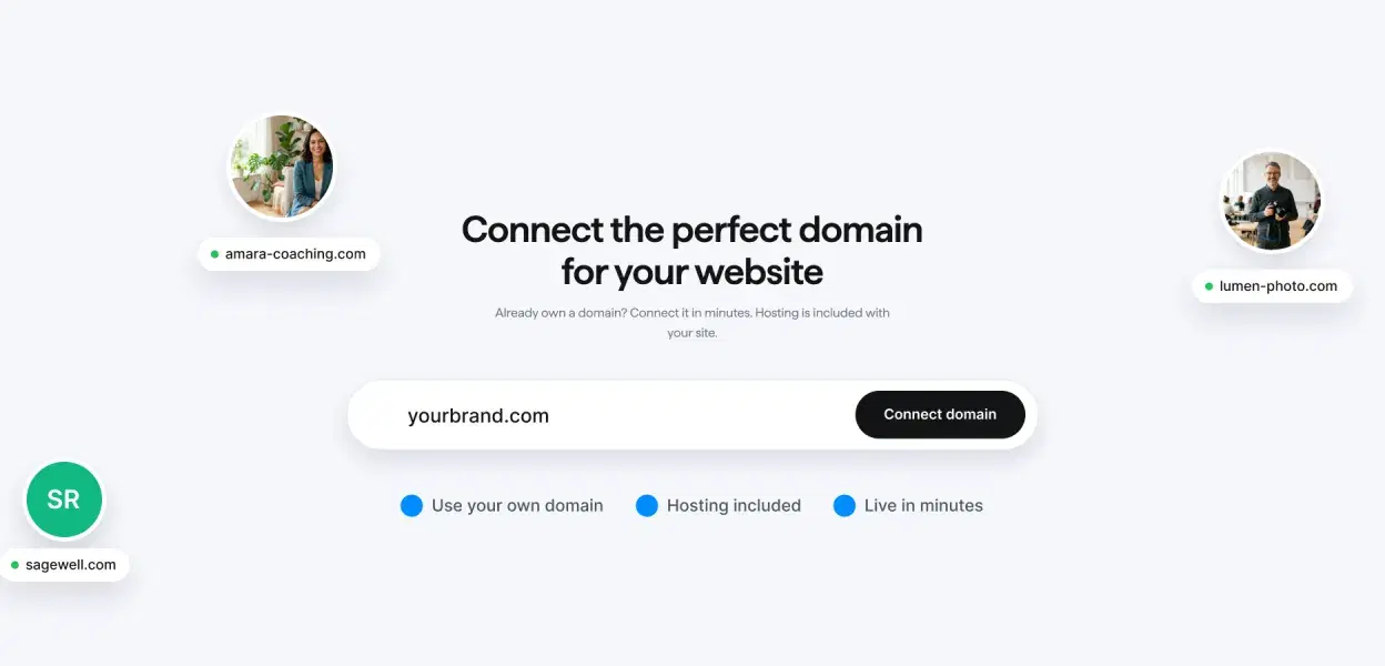 Connect the perfect domain for your website: enter your domain, hosting included, live in minutes