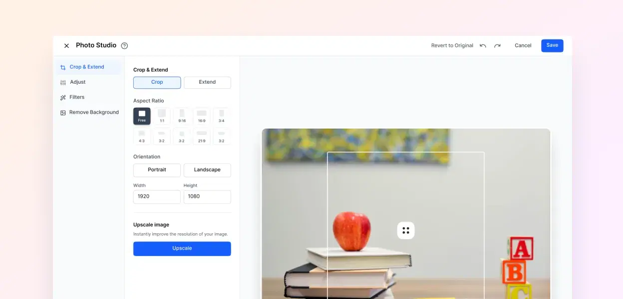 Photo Studio with crop and extend tools, aspect ratios and an upscale button